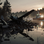 Plane wreckage lies scattered across the riverbank with metal extending into misty water and a rescue boat glides nearby.