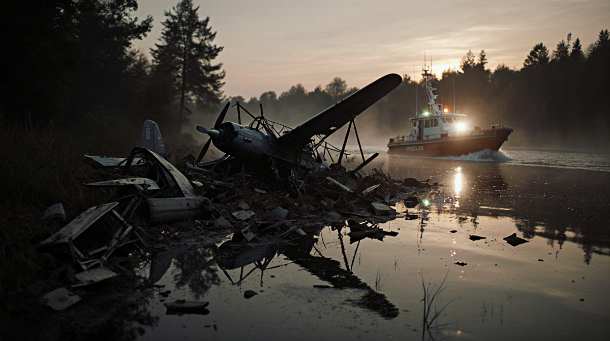Plane wreckage lies scattered across the riverbank with metal extending into misty water and a rescue boat glides nearby.