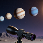 Telescope pointing upward toward curved line of planets with golden light over dark blue evening sky