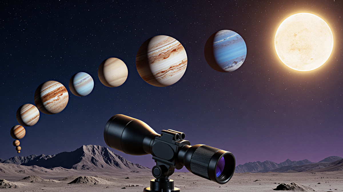 Telescope pointing upward toward curved line of planets with golden light over dark blue evening sky