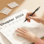 Person standing at edge of calendar with pen and scattered task cards near December 2026 highlighting planning and growth