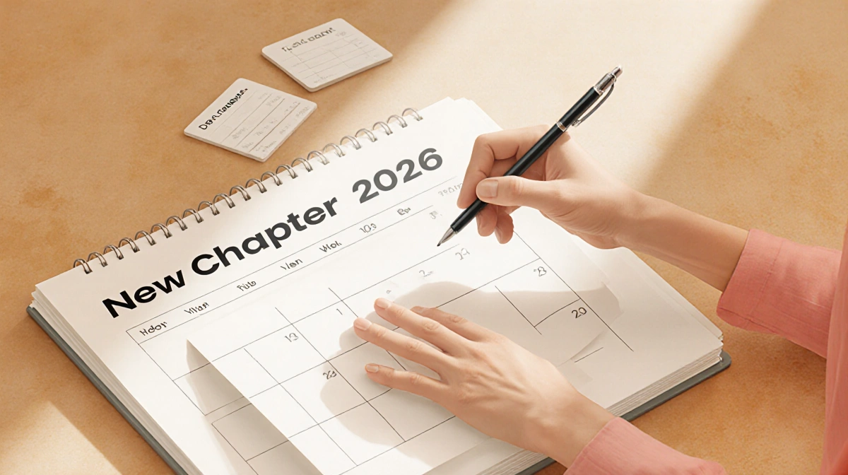 Person standing at edge of calendar with pen and scattered task cards near December 2026 highlighting planning and growth