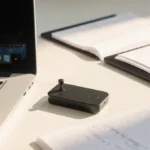Compact Plaud NotePin S device sits on laptop with open client window and notes in soft natural light boosting productivity