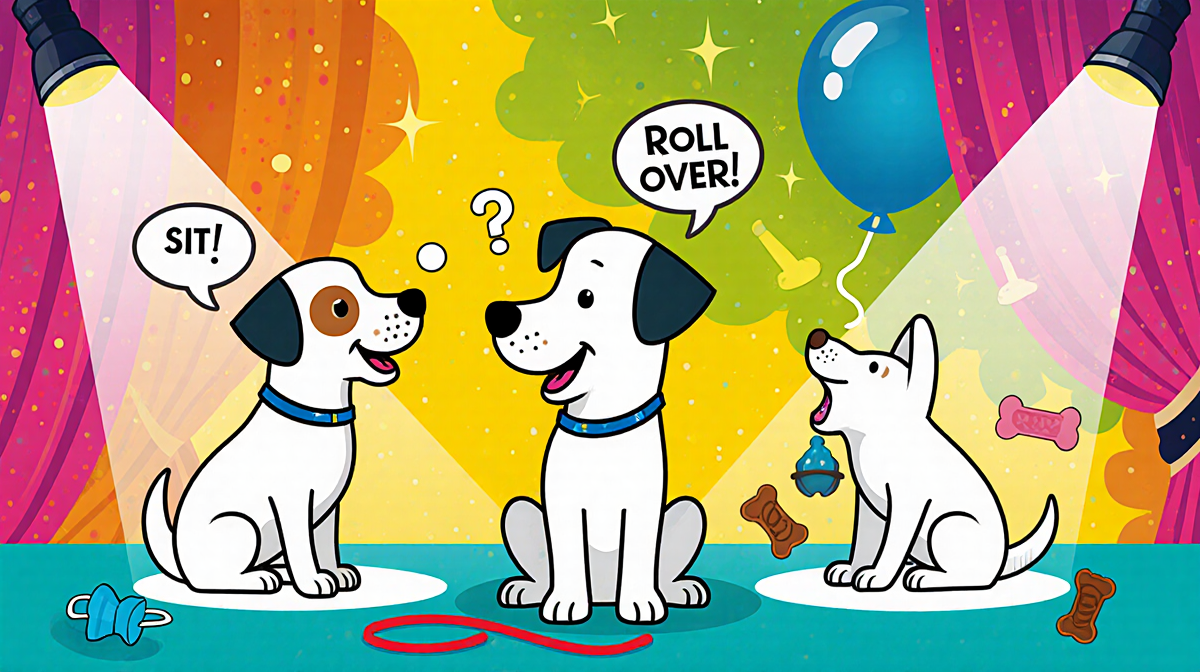 Playful dog sitting and speaking and rolling over with bright balloons and word bubbles