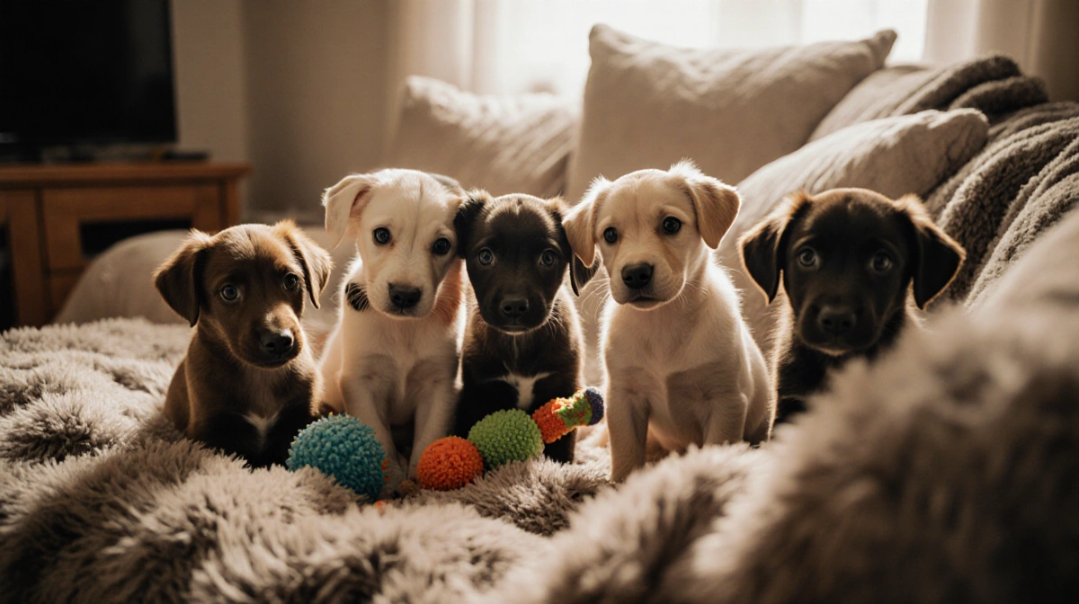 Six playful rescue puppies sitting together with fluffy blankets and toys while nuzzling and chewing squeaky toys