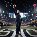 Football coach raises ball in victory with confetti raining down and scoreboard glowing behind