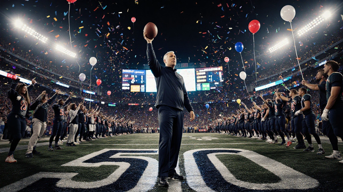 Football coach raises ball in victory with confetti raining down and scoreboard glowing behind