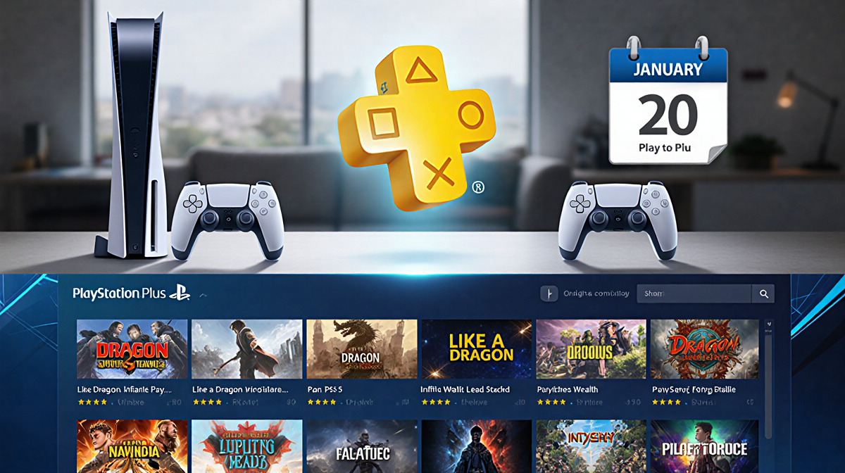 Digital storefront presents PlayStation 5 and 4 consoles with PlayStation Plus logo and January 20 calendar