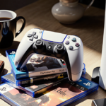 PlayStation controller resting on stack of PS5 discs with gaming magazines and coffee near.