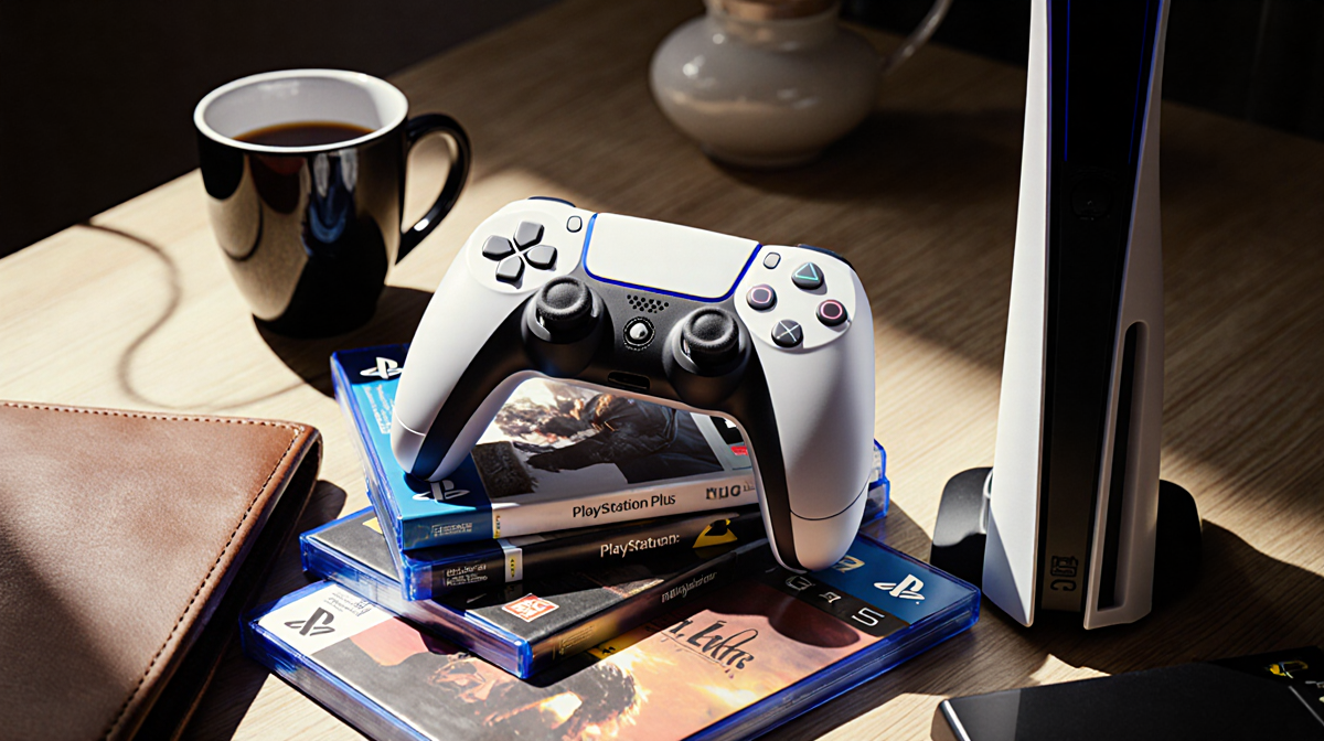 PlayStation controller resting on stack of PS5 discs with gaming magazines and coffee near.