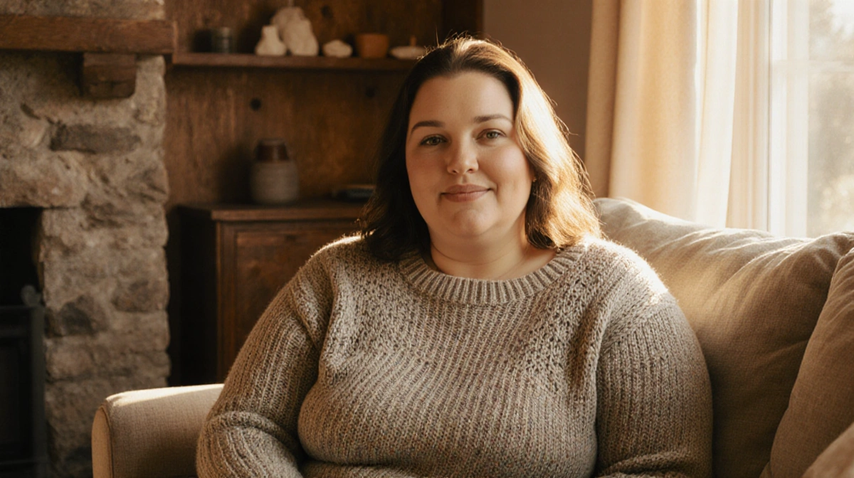 Plus size woman relaxes in living room wearing soft boatneck sweater with warm light highlighting knit details
