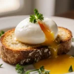 A perfectly poached egg with runny yolk on golden toast with fresh herbs