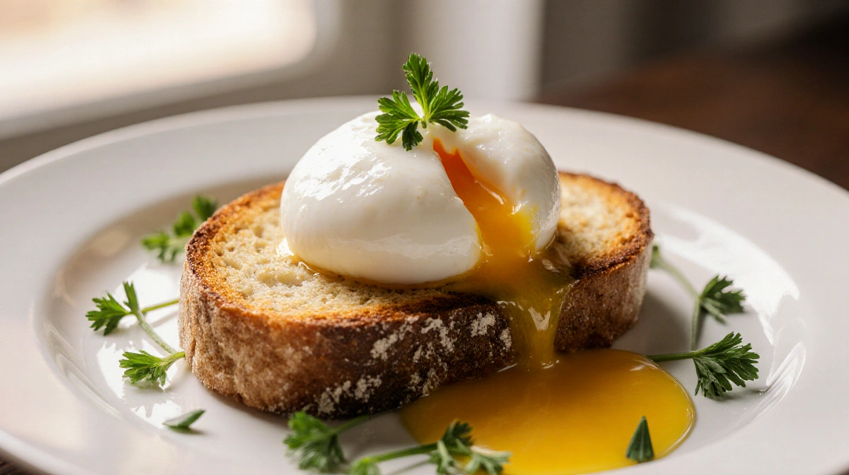 A perfectly poached egg with runny yolk on golden toast with fresh herbs