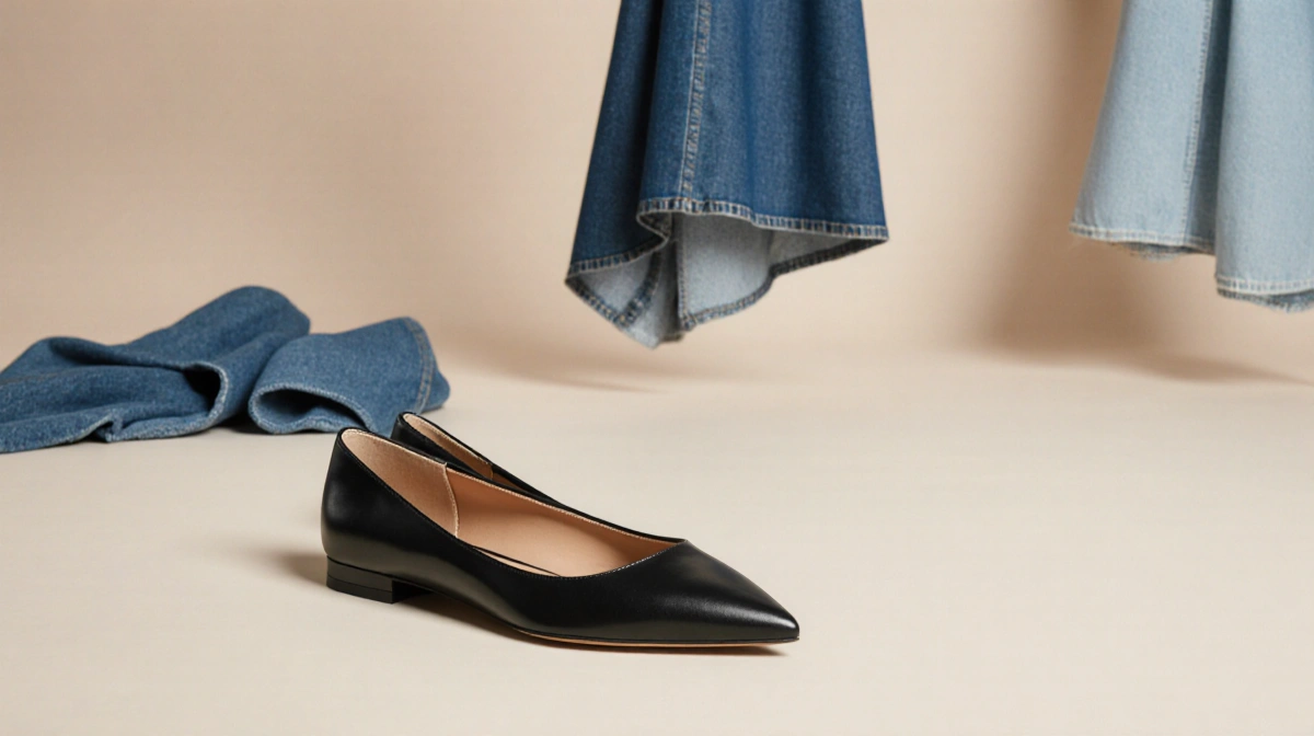 Pointed-toe women's flats rest on gradient backdrop with denim folds softly blurred behind