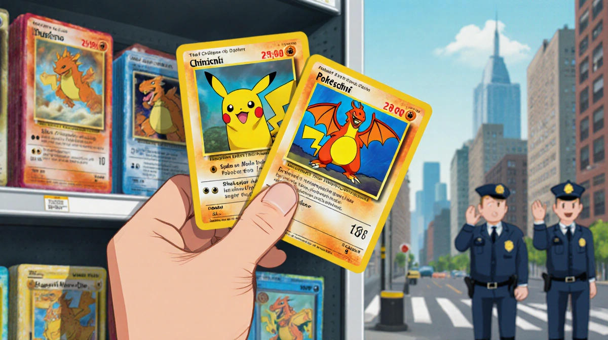 Hand stealing rare Pokémon cards from store shelf with Pikachu and Charizard visible and security guards reacting in backgrou