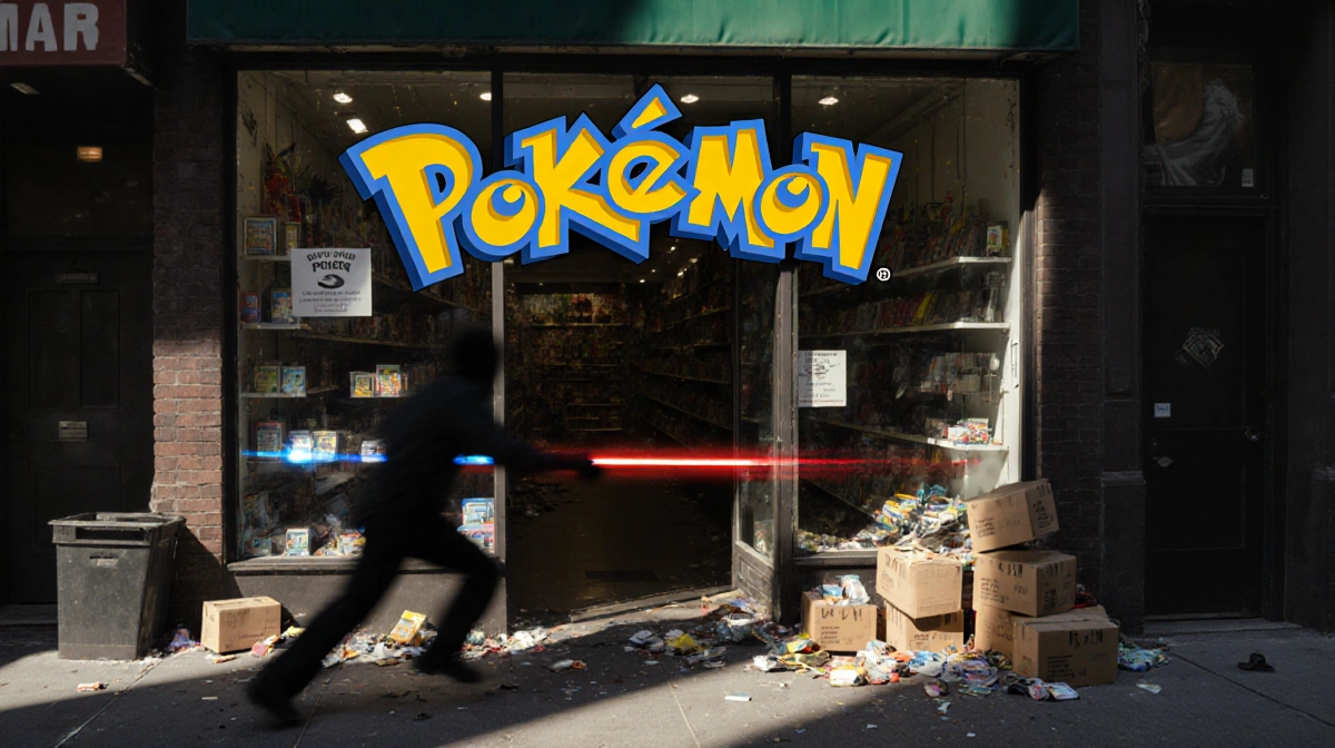 Suspect fleeing empty Pokémon store with scattered boxes and flashing police lights outside