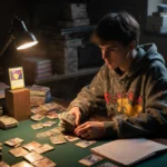 Young gamer clutching cash and booster packs with prized Pokémon cards on pedestal under warm lamplight