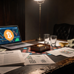 High-stakes poker table occupies a worn wooden desk with stacks of cash and gold bars.