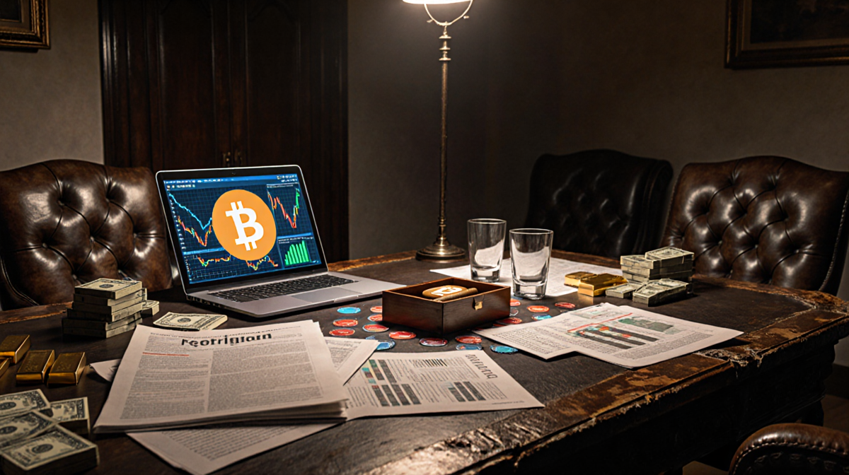 High-stakes poker table occupies a worn wooden desk with stacks of cash and gold bars.