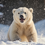 Polar bear cub frolics in freshly fallen snow with golden sunlight highlighting its fluffy fur and joyful expression