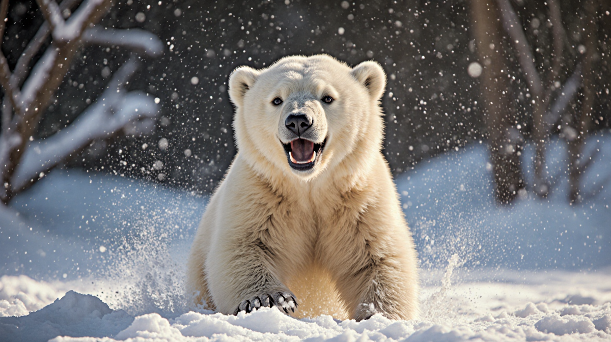 Polar bear cub frolics in freshly fallen snow with golden sunlight highlighting its fluffy fur and joyful expression