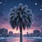 Frosty palm tree stands with snow-covered buildings and frozen lake showing polar vortex winter storm