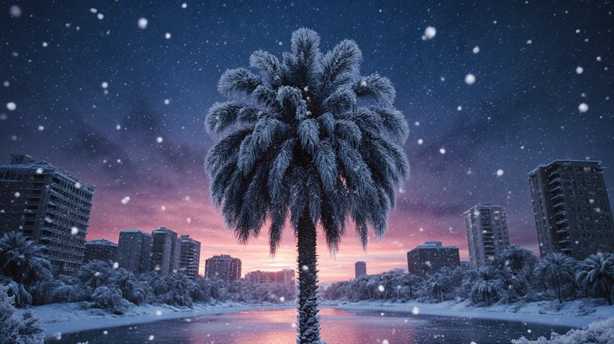 Frosty palm tree stands with snow-covered buildings and frozen lake showing polar vortex winter storm