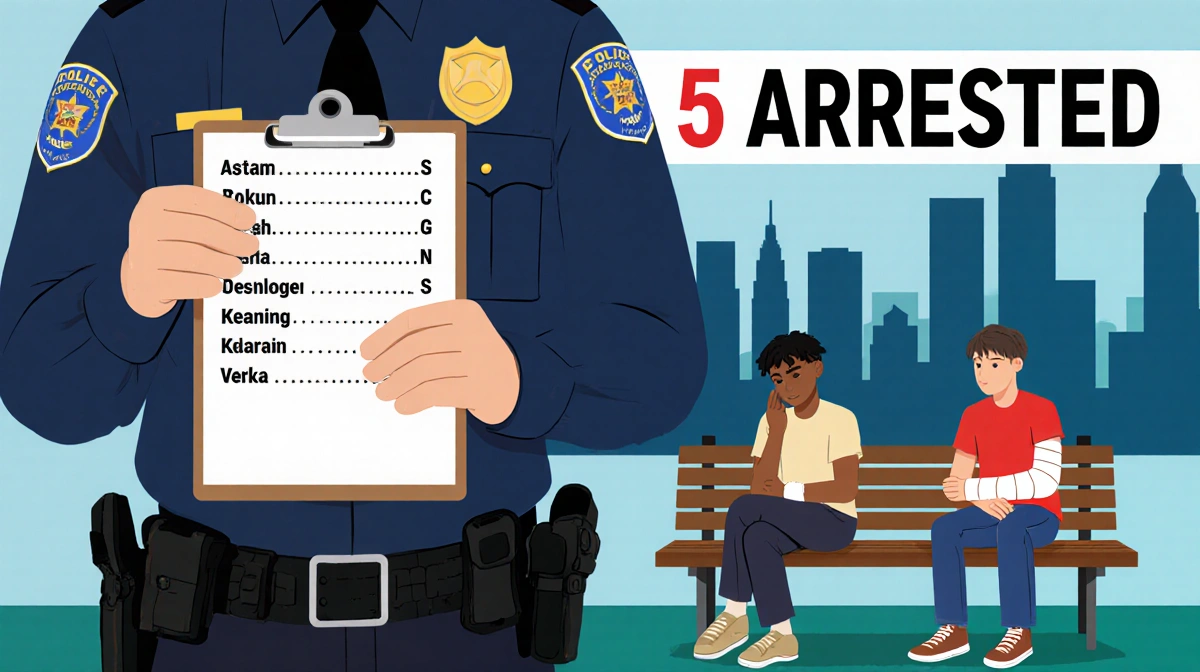 Police officer holds clipboard with arrest paperwork with injured teens sitting nearby and city skyline behind