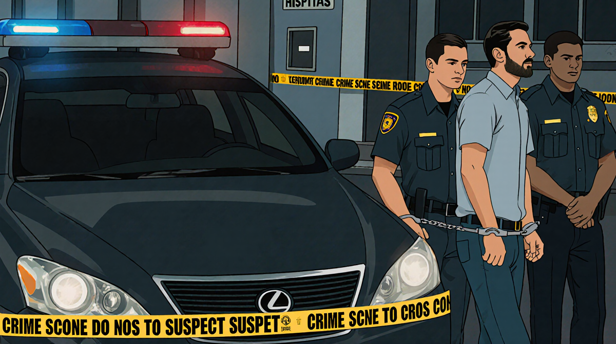 Police officer leading handcuffed suspect away from Lexus sedan with yellow tape and hazard lights and hospital backdrop