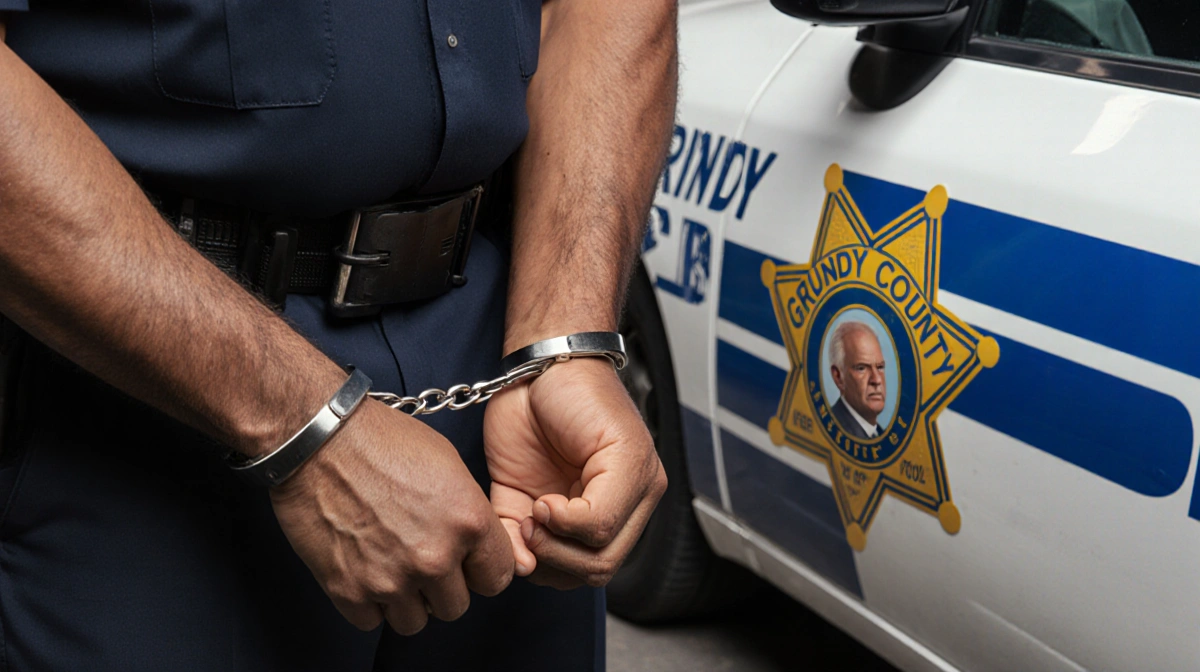 Police officer handcuffs determined man with Grundy County Sheriff car and badge showing justice served