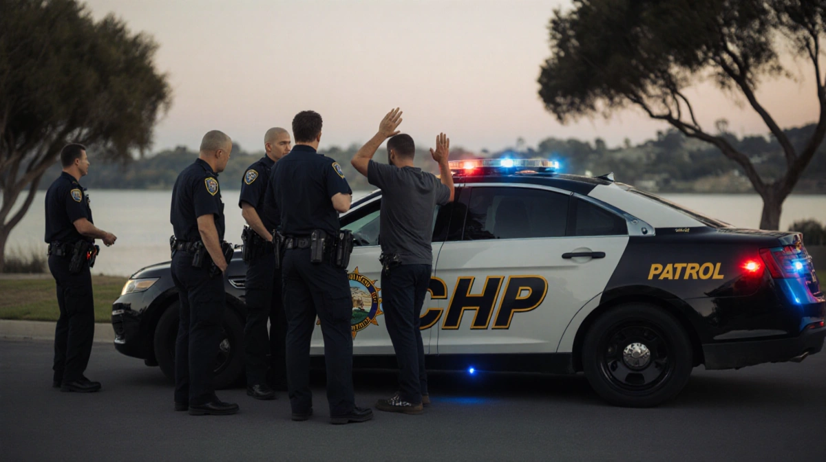 CHP officers arresting suspects with hands up beside police car with flashing lights and lake trees behind