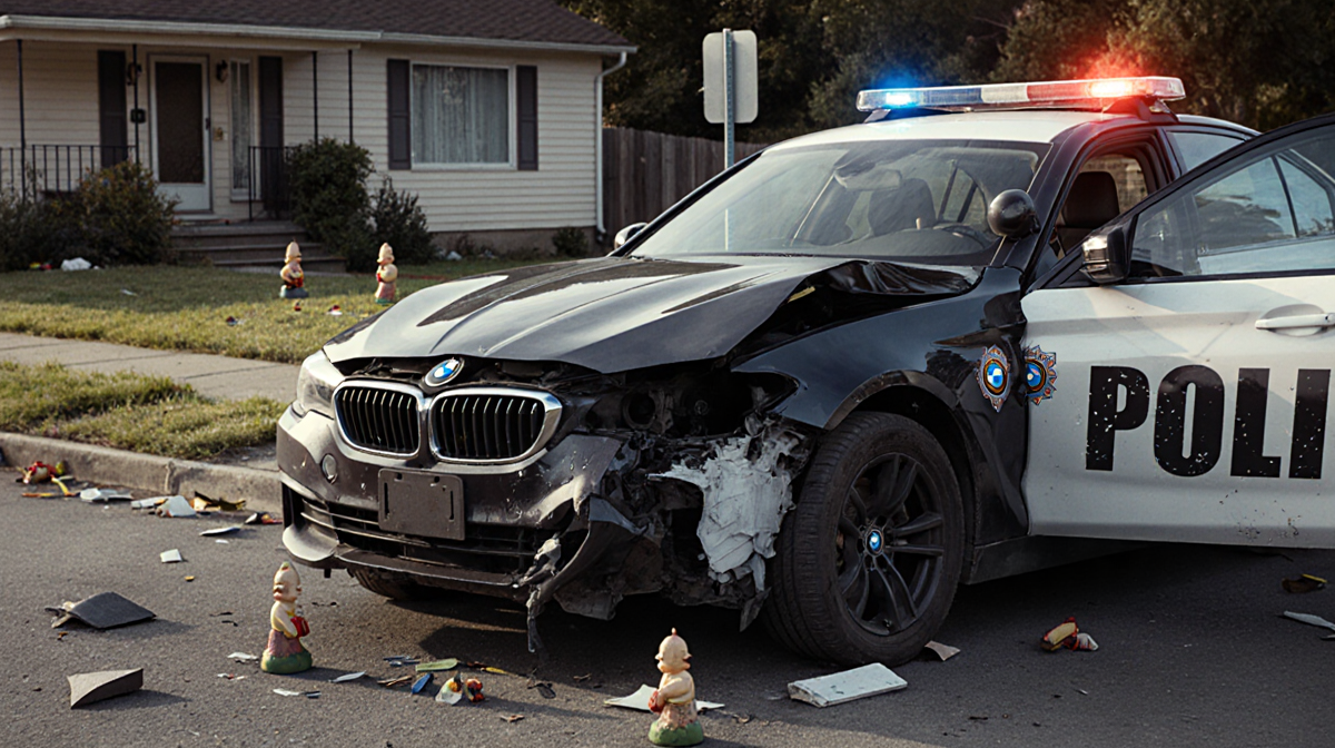 Police car flashing lights beside mangled BMW with twisted bumper and exposed grille debris scattered near suburban house