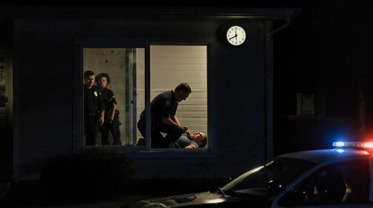Medic kneels beside unresponsive patient with police car parked outside and dim lighting.