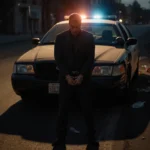 Lenny Dykstra standing with cuffed hands in front of a police car at dawn with a sunrise glow and trash scattered on a road