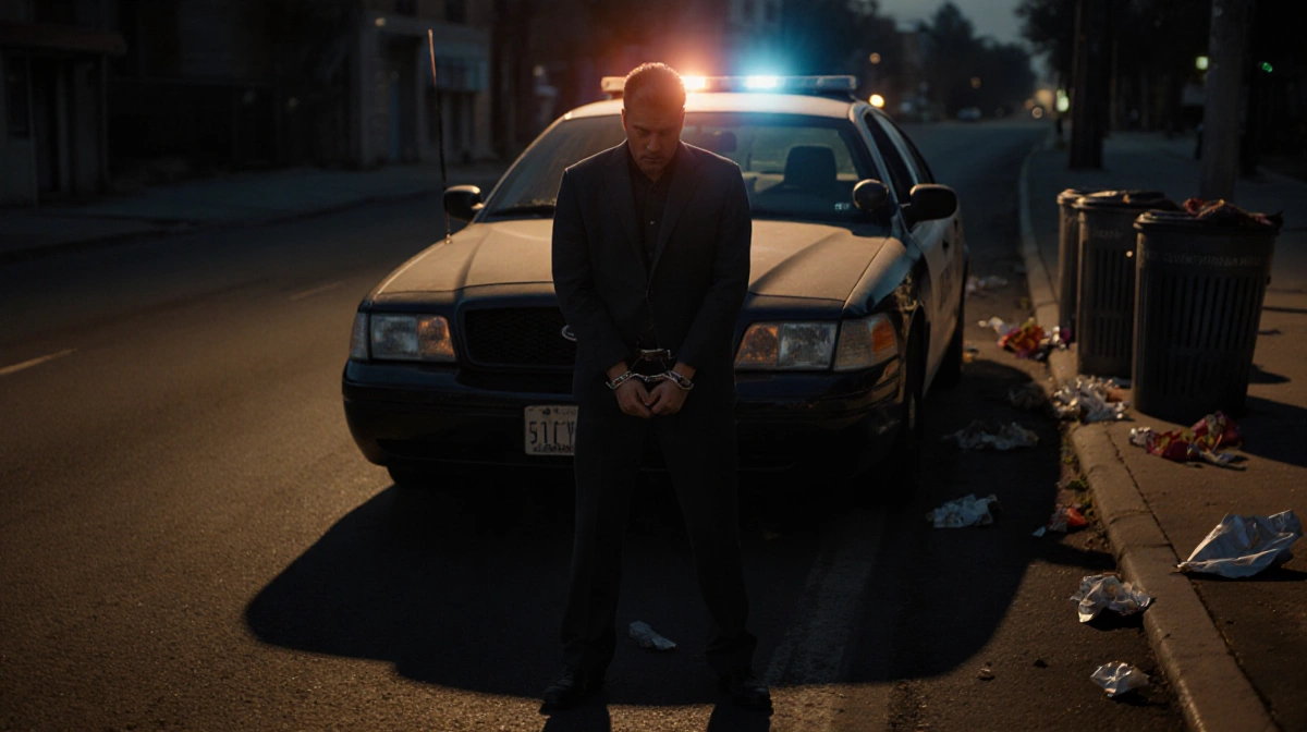 Lenny Dykstra standing with cuffed hands in front of a police car at dawn with a sunrise glow and trash scattered on a road