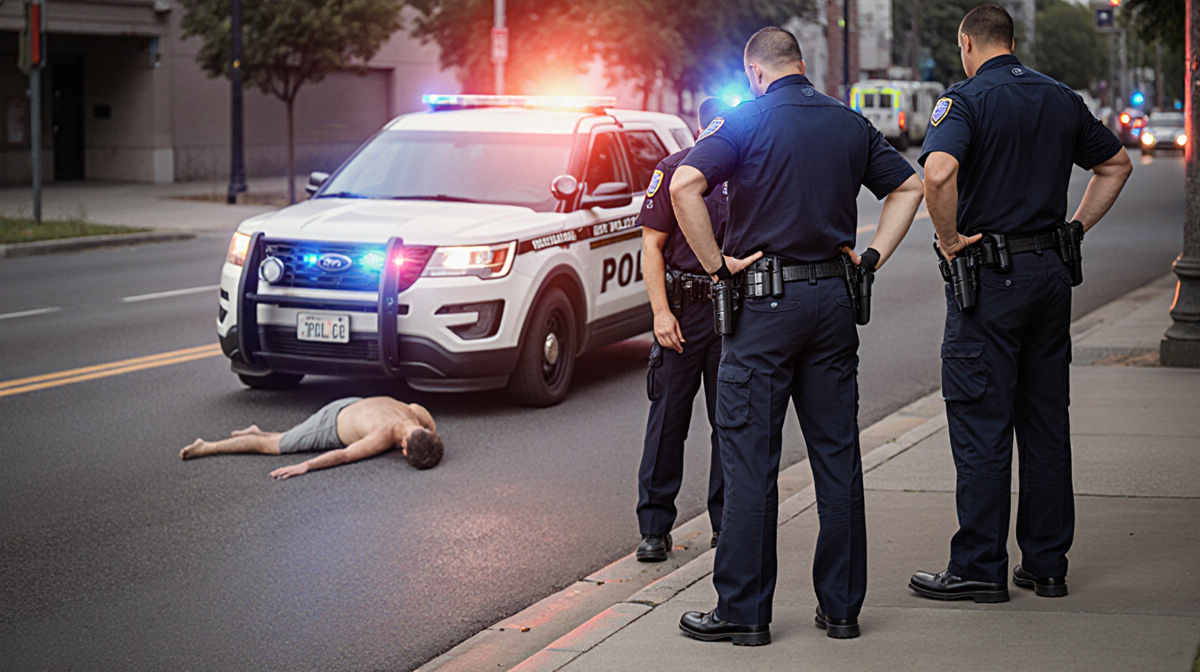 Police officers standing by curb with emergency lights flashing and victim's body on ground