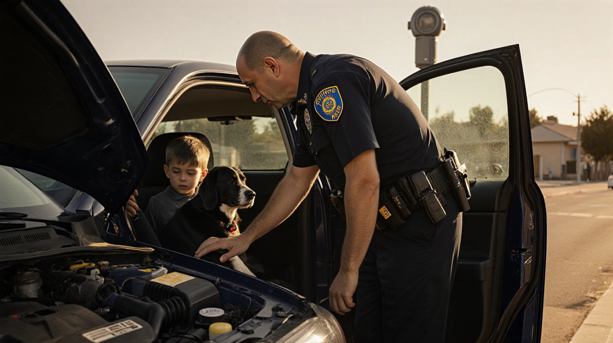 Police officer standing at open car door with hand on hood and looking inside at child and dog with engine visible