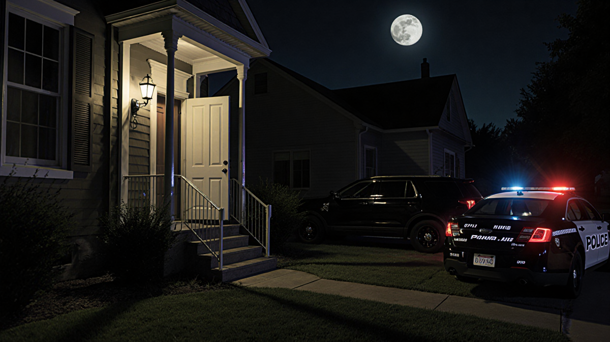 Police car parked with porch light glowing and front door ajar black SUV behind under full moon sirens humming