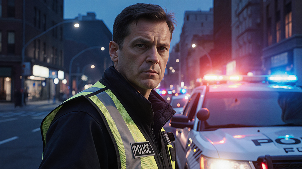 Person in reflective vest standing beside flashing police car on dark city street with blue and red lights