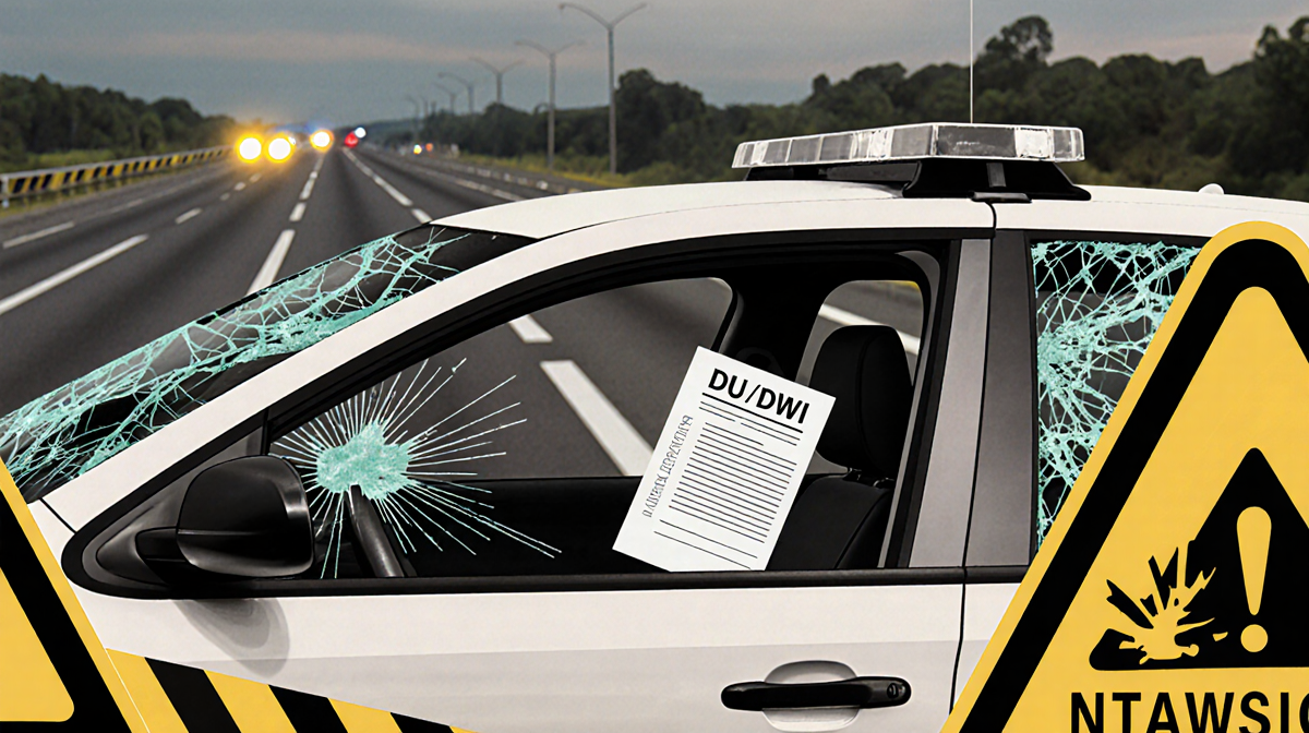 Police car parked beside damaged vehicle with shattered windshield and DUI slip on blurred highway