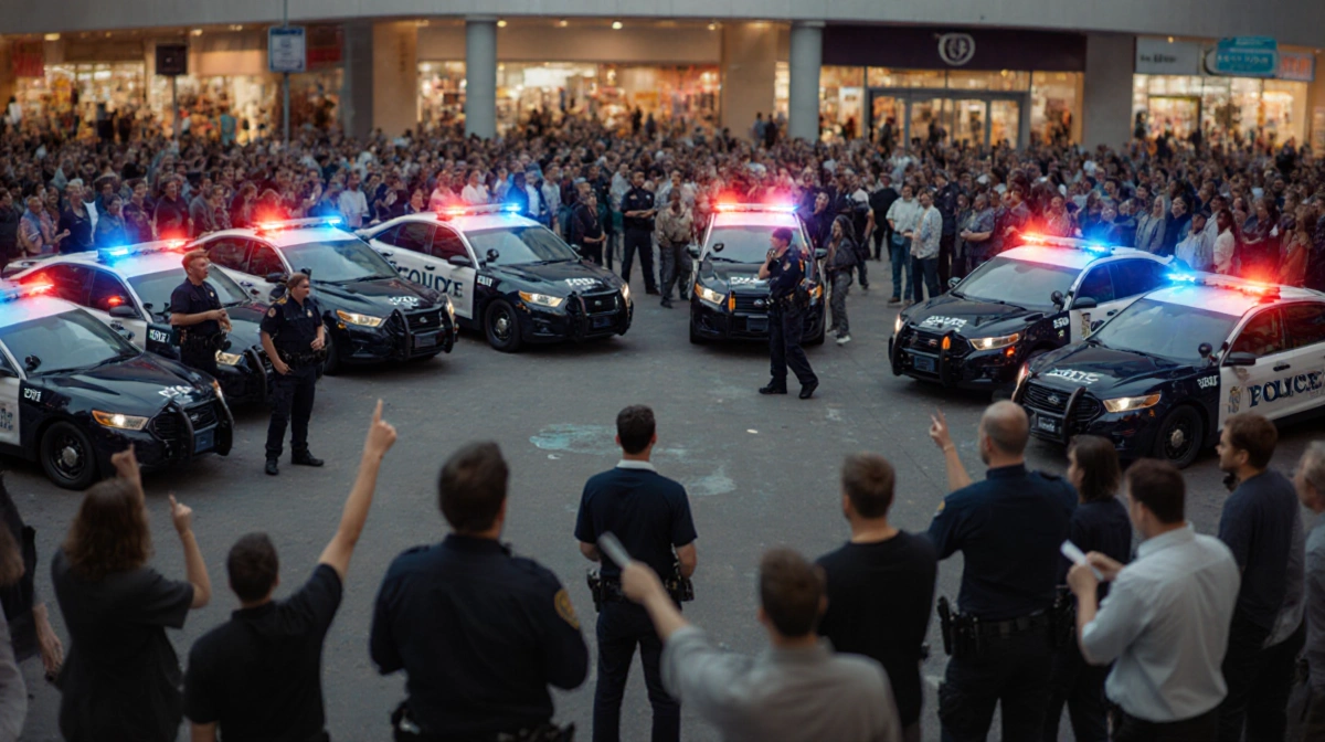 Police cars with flashing lights block shopping center entrance as crowd gathers and officers respond to emergency