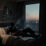 Police commander lies motionless on hotel bed with uniform visible and city lights glowing through window