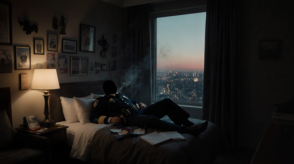 Police commander lies motionless on hotel bed with uniform visible and city lights glowing through window