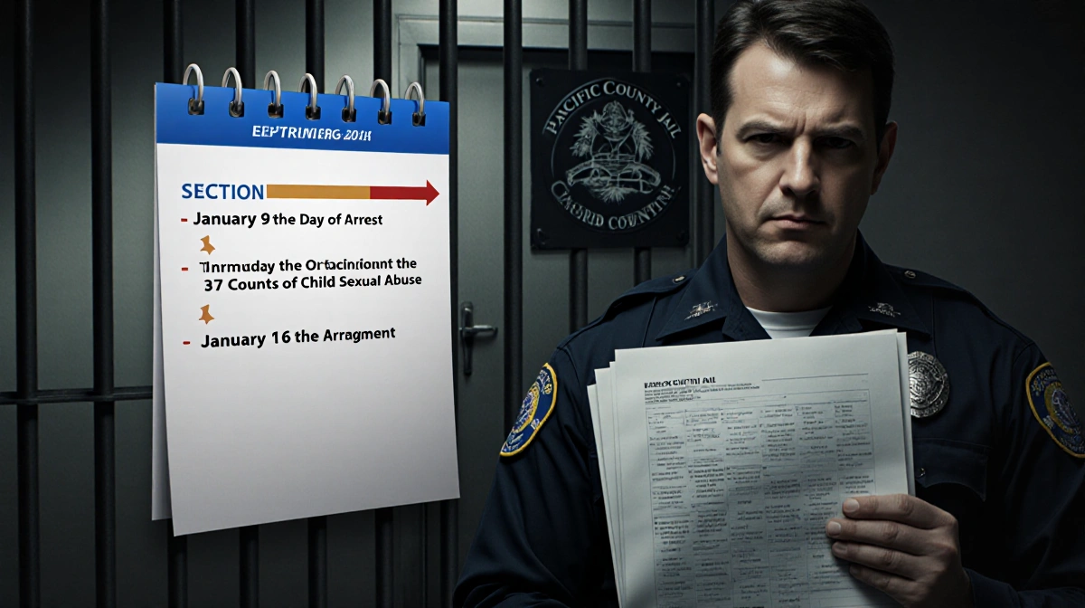 Police officer holding court documents with 37 child abuse counts jail cell background with Pacific County logo Jan 9 Jan 16