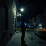 Police officer standing beside crime scene tape with dim streetlight casting long shadows in a dark alley