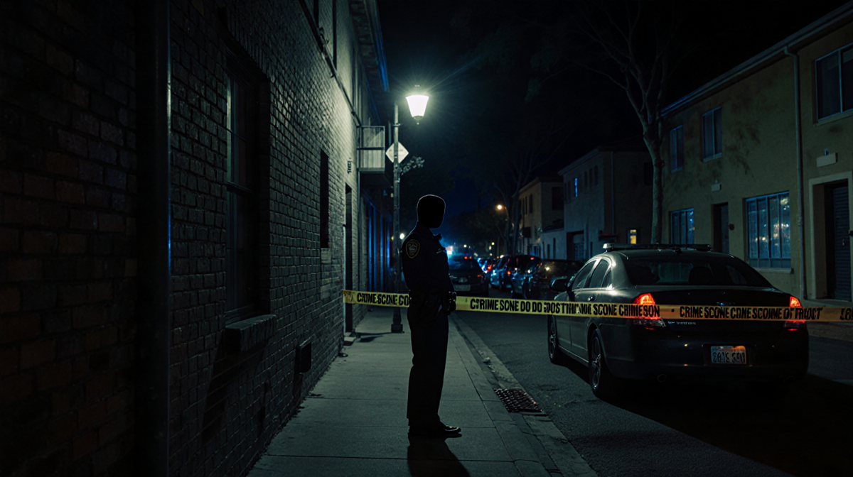 Police officer standing beside crime scene tape with dim streetlight casting long shadows in a dark alley