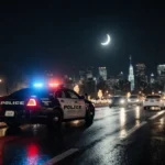 Police cruiser patrols highway at night with flashing lights on parked cars and holiday lights while city skyline glows