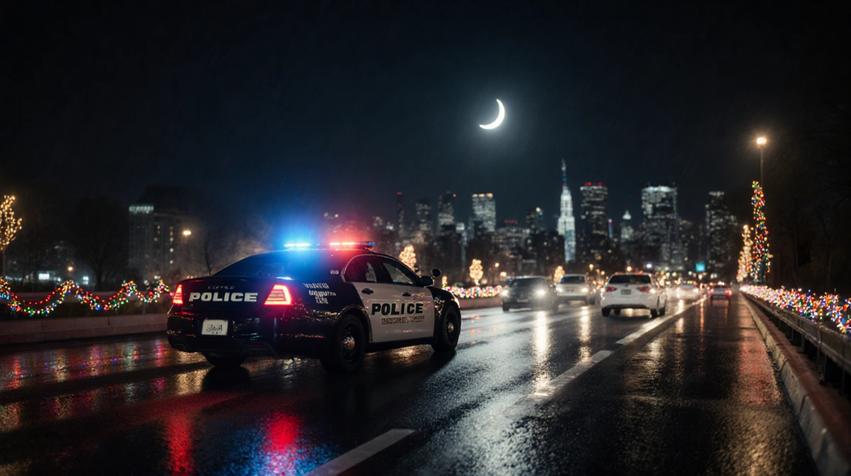 Police cruiser patrols highway at night with flashing lights on parked cars and holiday lights while city skyline glows