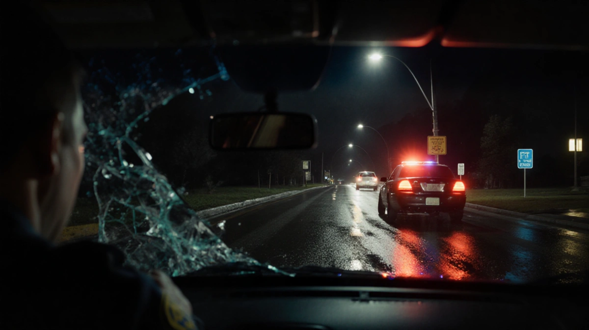 Police dashboard camera captures shattered window with officer slumped against seat with wet asphalt road and taillights away