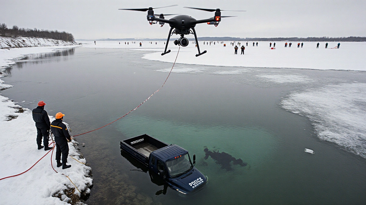 Police drone hovers above icy lake with submerged truck below and rescue team with ropes at shoreline